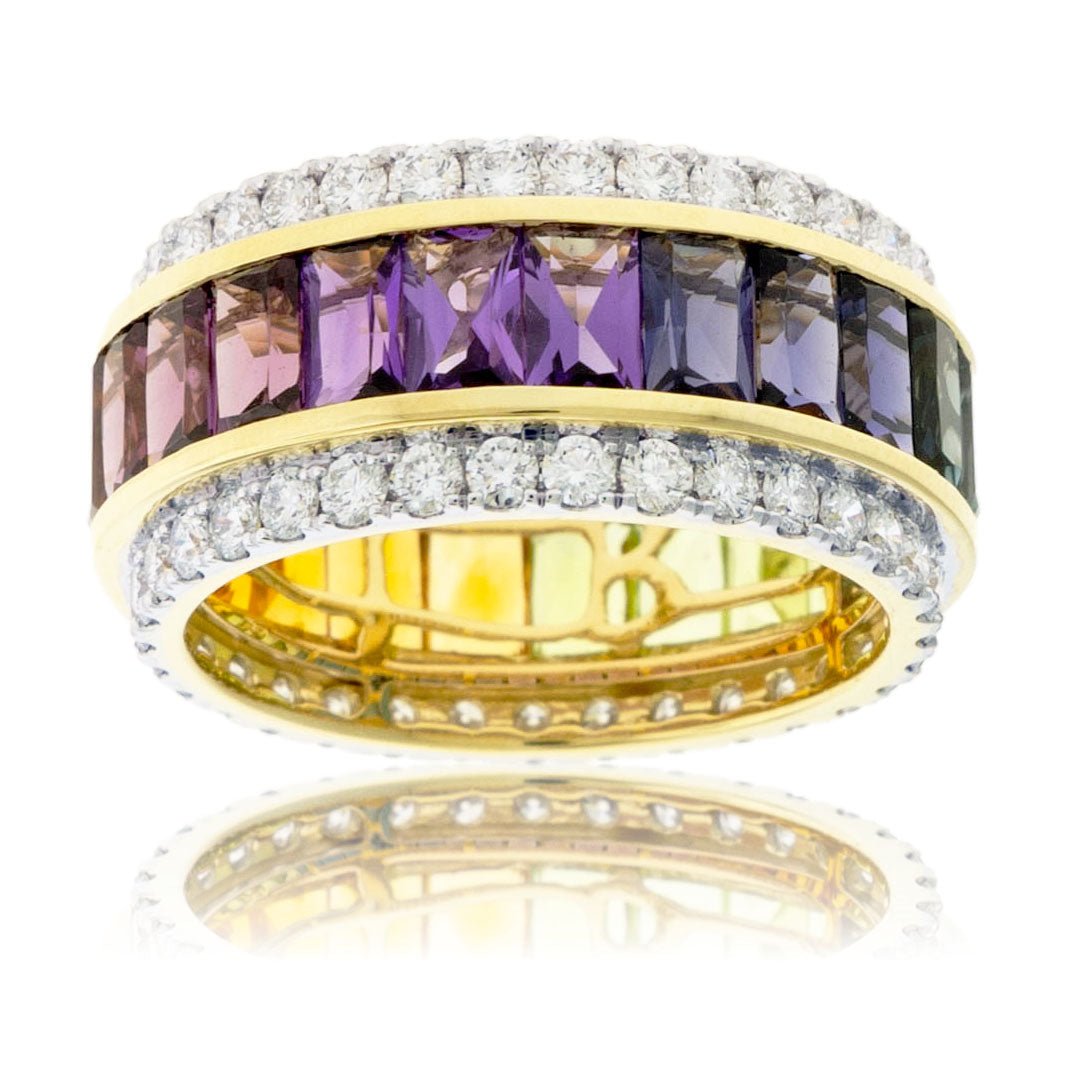 Step Cut Mixed Gemstone Wide Rainbow & Diamond Accented Ring - Park City Jewelers