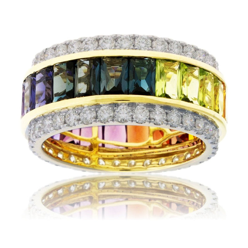 Step Cut Mixed Gemstone Wide Rainbow & Diamond Accented Ring - Park City Jewelers