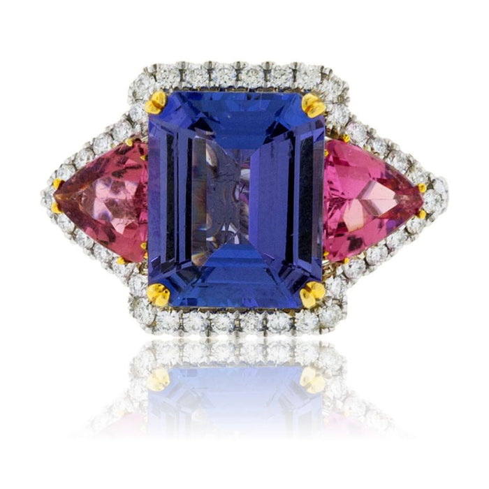 Step Cut Tanzanite with Trillian Pink Tourmaline and Diamond Accented Ring - Park City Jewelers