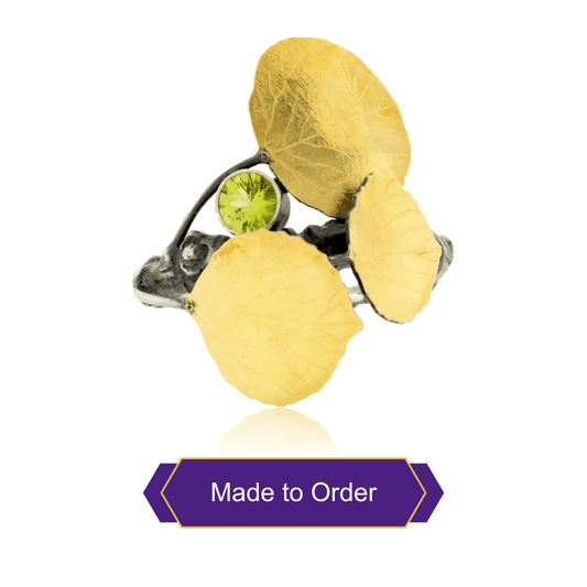 Sterling Silver, Bi - Metal Leaf, & Tourmaline Quaking Aspen Tree Ring - Park City Jewelers