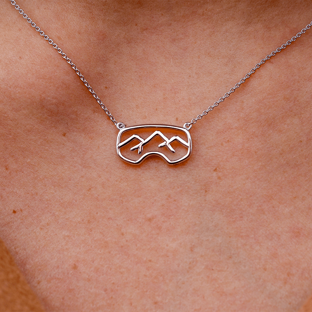 Woman Wearing Sterling Silver Goggles Necklace - Park City Jewelers