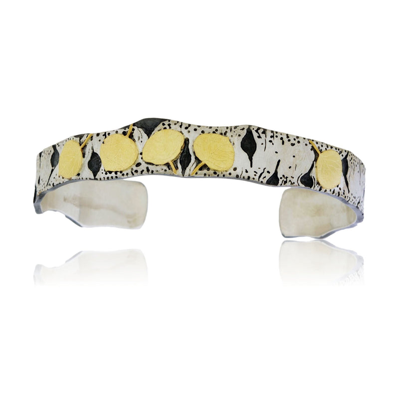 Sterling Silver Hand Carved Aspen Adorn Cuff Bracelet with Bi - Metal Leafs - Park City Jewelers