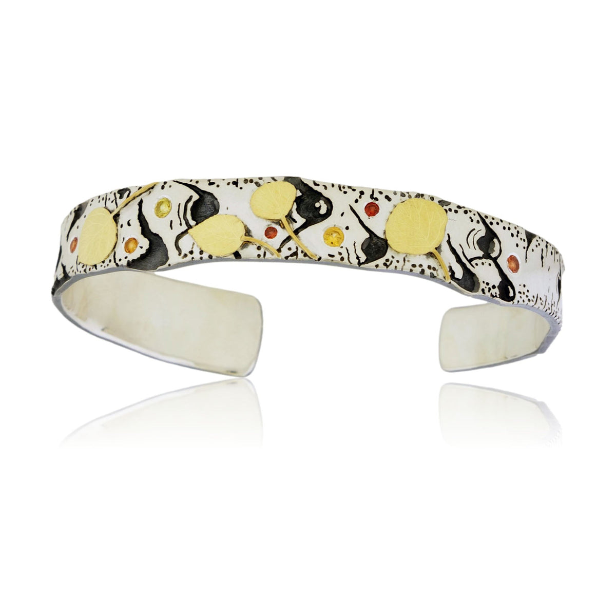 Sterling Silver Hand Carved Aspen Adorn Cuff Bracelet with Bi - Metal Leafs - Park City Jewelers