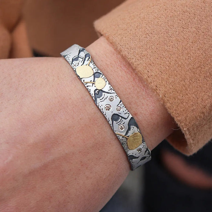 Sterling Silver Hand Carved Aspen Adorn Cuff Bracelet with Bi - Metal Leafs - Park City Jewelers