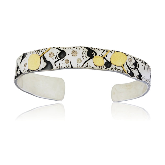 Sterling Silver Hand Carved Aspen Adorn Cuff Bracelet with Bi - Metal Leafs - Park City Jewelers