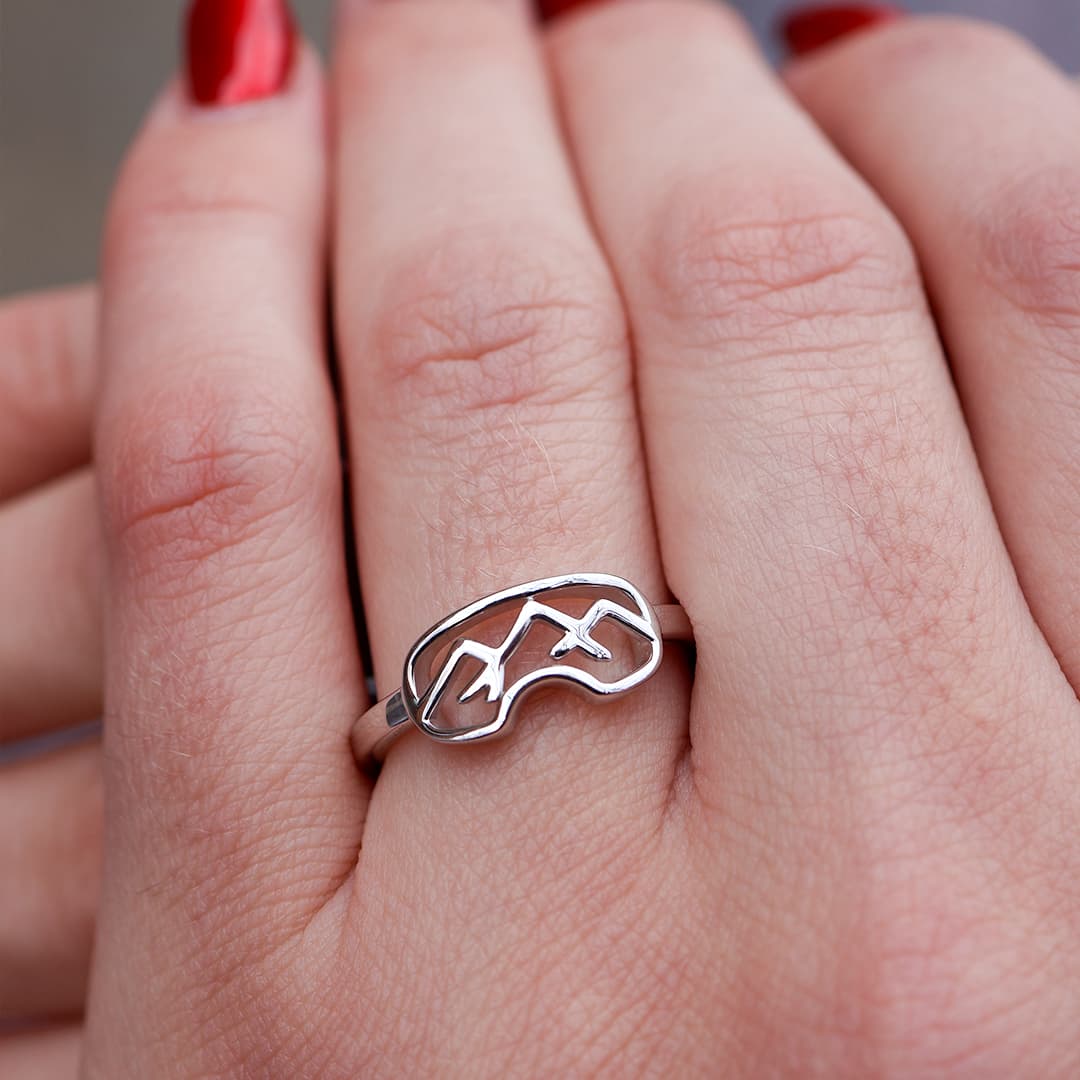 Woman Wearing Sterling Silver or Gold Goggles Ring - Park City Jewelers