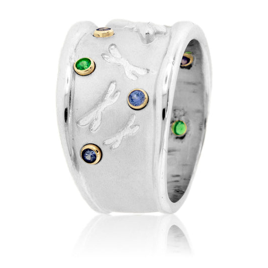 Sterling Silver Sand Blasted Dragonfly Tsavorite & Sapphire Band - Park City Jewelers