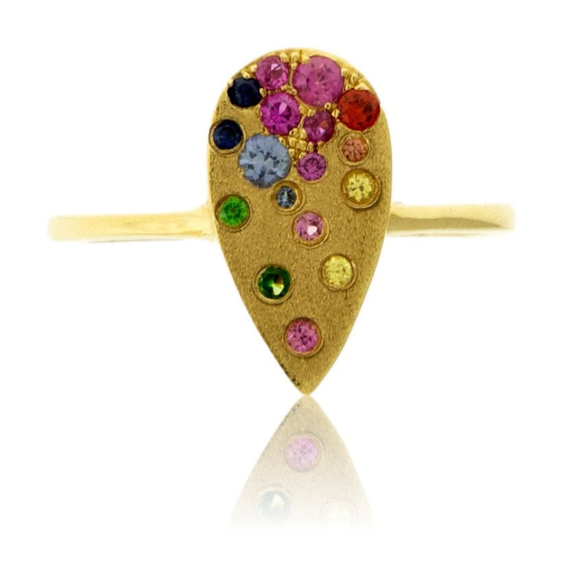 Tear Drop Yellow Gold Satin Finish Flush Set Rainbow Sapphire Ring - Park City Jewelers