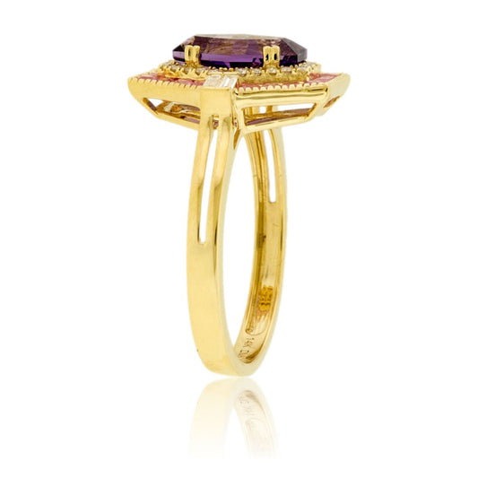 Unique Cut Amethyst with Pink Sapphire and Diamond Double Halo - Park City Jewelers