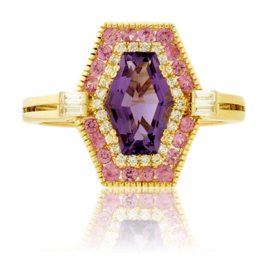 Unique Cut Amethyst with Pink Sapphire and Diamond Double Halo - Park City Jewelers