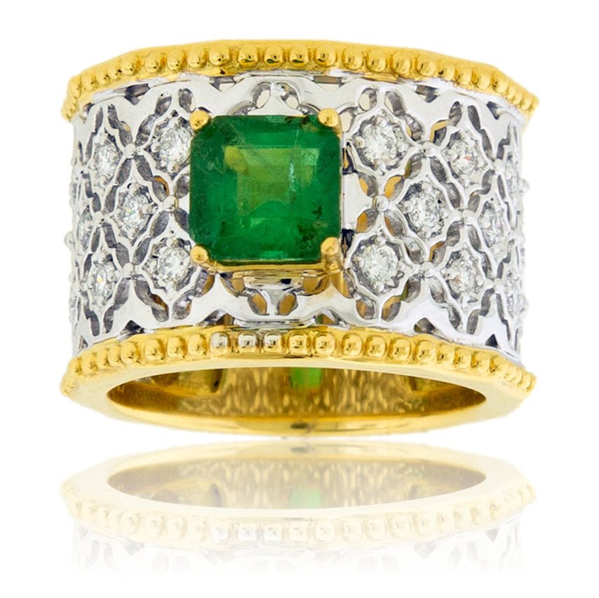 Wide Two Toned Emerald Ring with Diamond Accents - Park City Jewelers