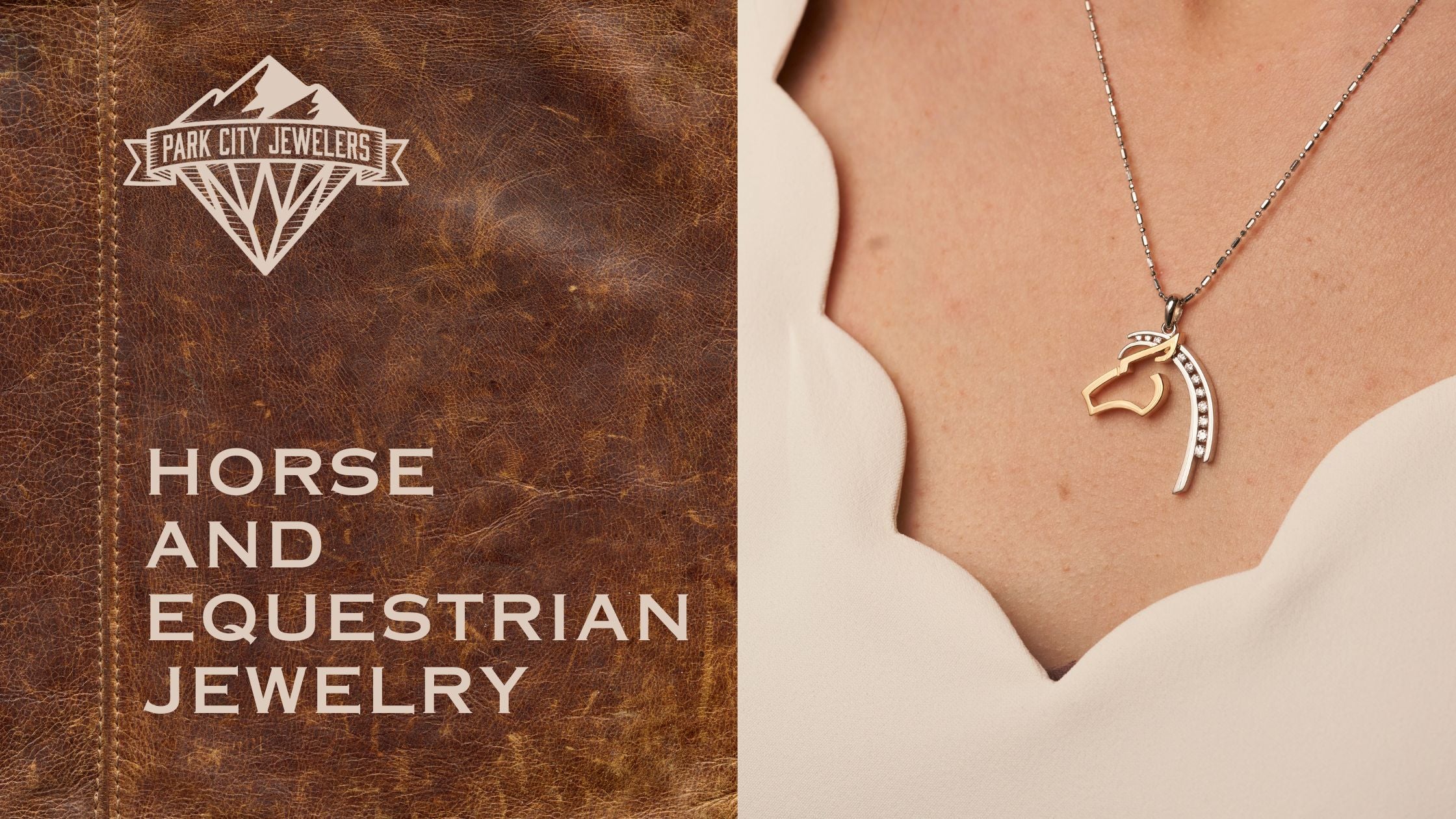 Horse and Equestrian Blog Banner with Woman Wearing a Horse Head Silhouette Pendant by Park City Jewelers. 