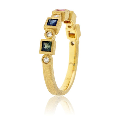 Yellow Gold Satin Finish Bezel Set Rainbow Sapphire Ring - Park City Jewelers