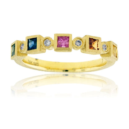 Yellow Gold Satin Finish Bezel Set Rainbow Sapphire Ring - Park City Jewelers