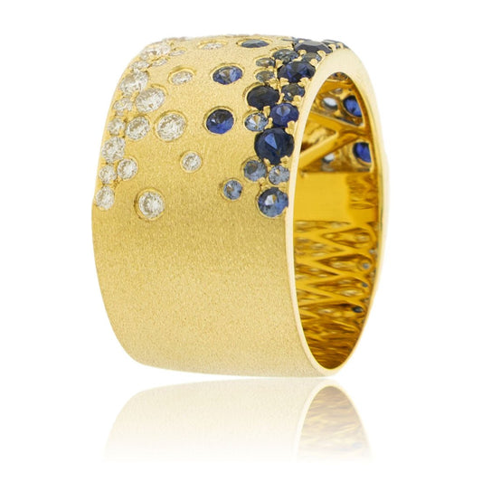Yellow Gold Satin Finish Flush Set Diamond and Sapphire Ring - Park City Jewelers