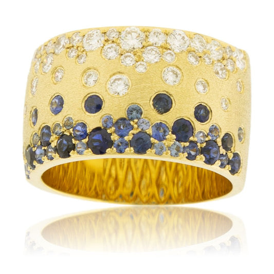 Yellow Gold Satin Finish Flush Set Diamond and Sapphire Ring - Park City Jewelers