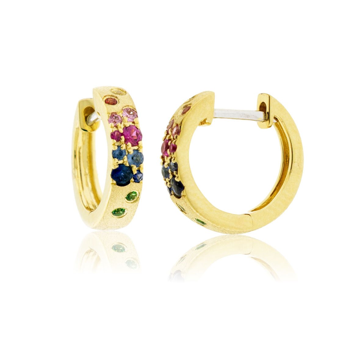 Yellow Gold Satin Finish Flush Set Rainbow Sapphire Earrings - Park City Jewelers