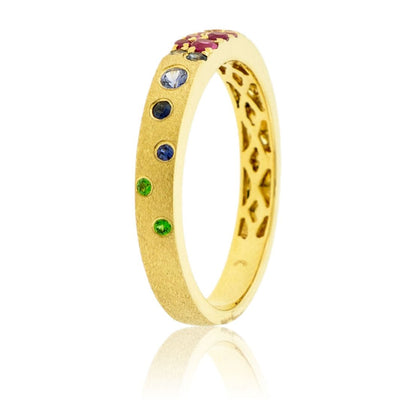 Yellow Gold Satin Finish Flush Set Rainbow Sapphire Ring - Park City Jewelers