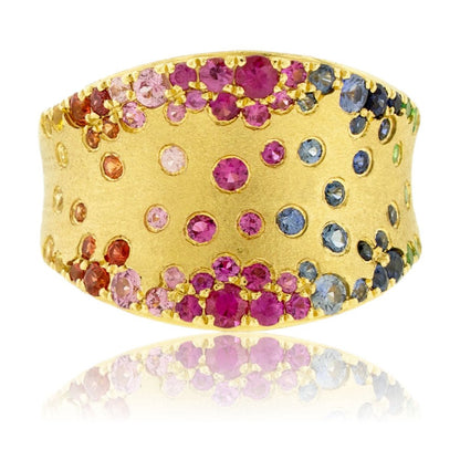 Yellow Gold Satin Finish Flush Set Rainbow Sapphire Ring - Park City Jewelers