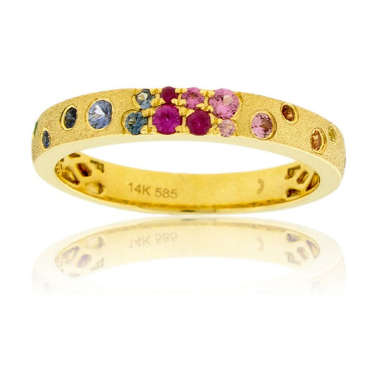 Yellow Gold Satin Finish Flush Set Rainbow Sapphire Ring - Park City Jewelers
