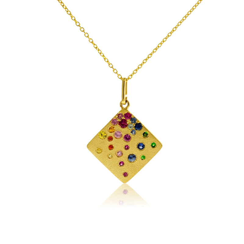 Yellow Gold Satin Finish Flush Set Rainbow Sapphire Square Necklace - Park City Jewelers