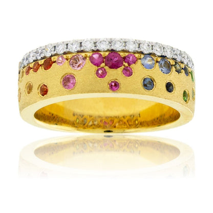 Yellow Gold Satin Finish Flush Set Rainbow Sapphire with Diamond Ring - Park City Jewelers