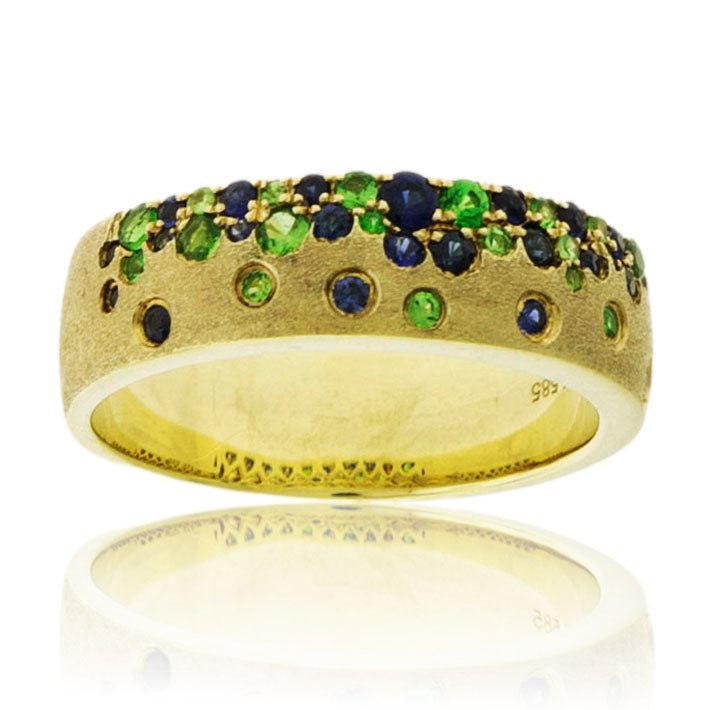 Yellow Gold Satin Finish Flush Set Sapphire & Tsavorite Ring - Park City Jewelers