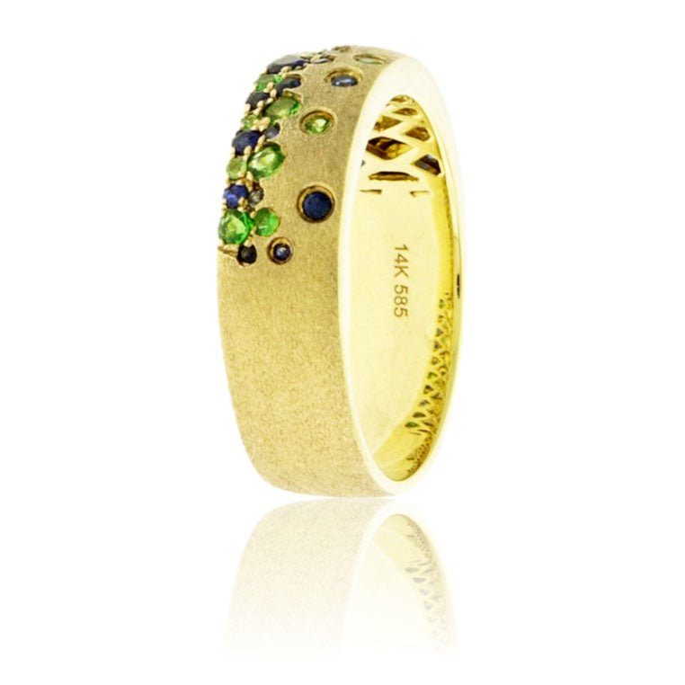 Yellow Gold Satin Finish Flush Set Sapphire & Tsavorite Ring - Park City Jewelers