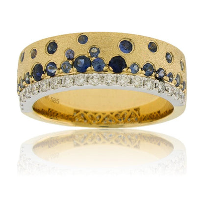 Yellow Gold Satin Finish Flush Set Sapphire with Diamond Ring - Park City Jewelers