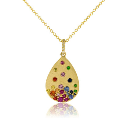 Yellow Gold Satin Finish Flush Set Teardrop Rainbow Sapphire Necklace - Park City Jewelers