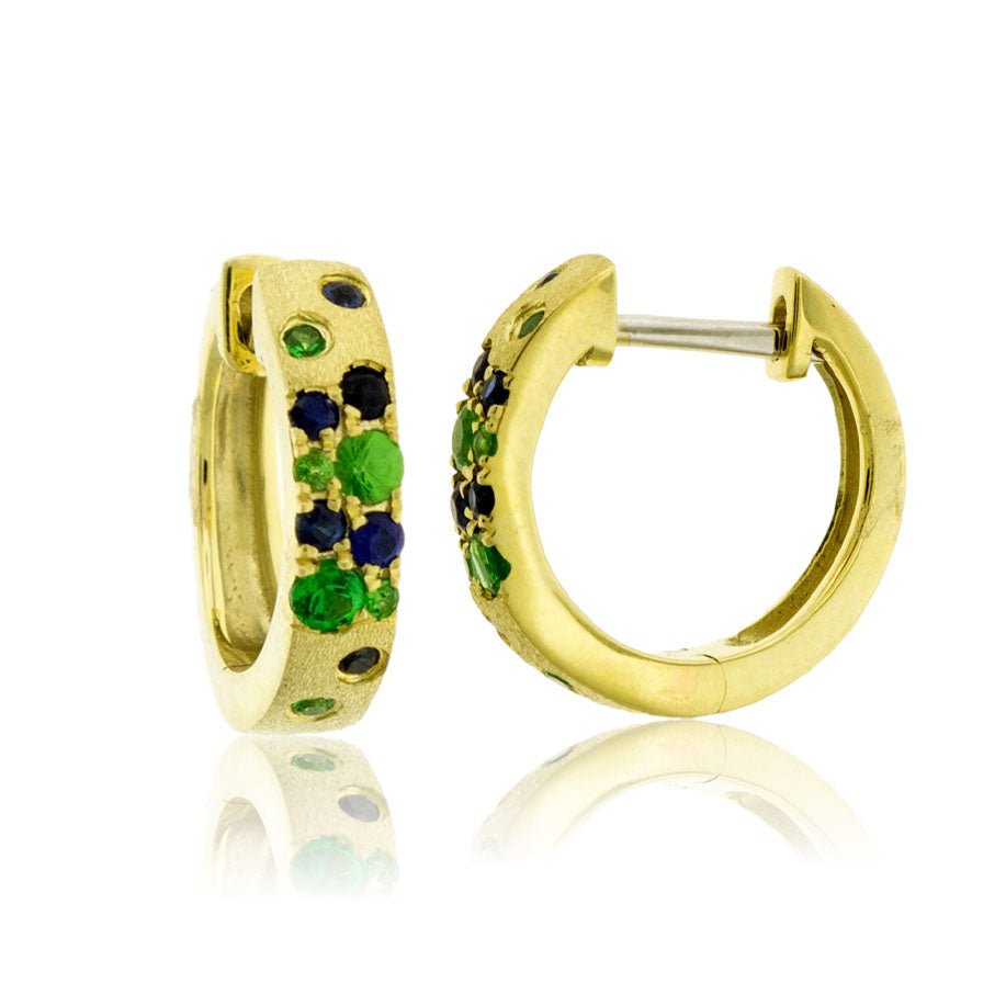 Yellow Gold Satin Finish Flush Set Tsavorite & Blue Sapphire Huggie Earrings - Park City Jewelers