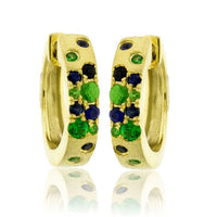 Yellow Gold Satin Finish Flush Set Tsavorite & Blue Sapphire Huggie Earrings - Park City Jewelers