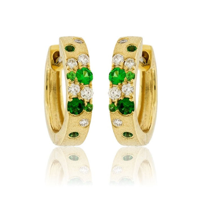 Yellow Gold Satin Finish Flush Set Tsavorite & Diamond Huggie Earrings - Park City Jewelers