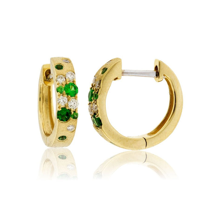 Yellow Gold Satin Finish Flush Set Tsavorite & Diamond Huggie Earrings - Park City Jewelers