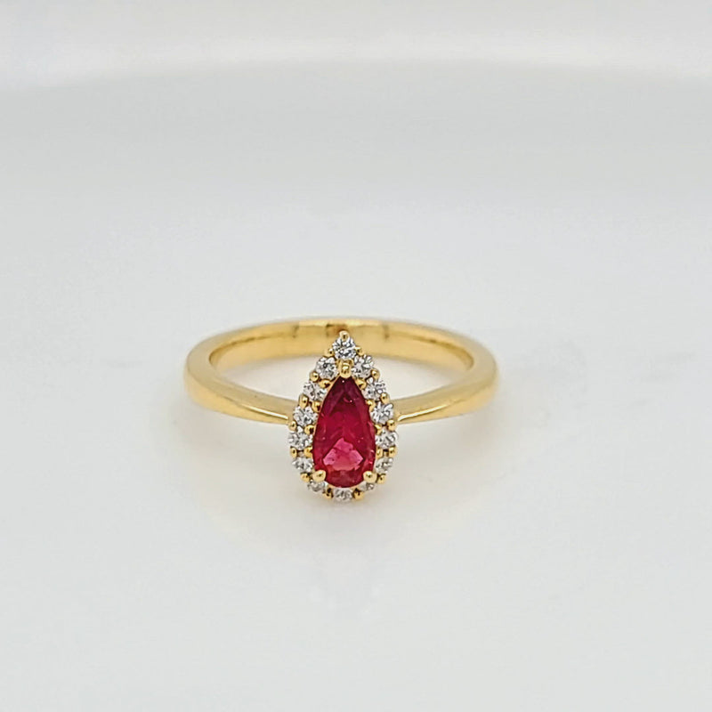 Pear Red Beryl Emerald & Diamond Halo Yellow Gold Ring