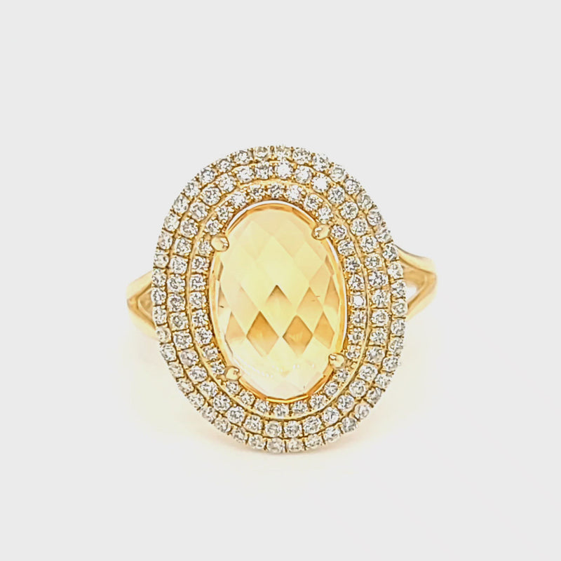 Oval Citrine & Triple Diamond Halo Ring in Yellow Gold