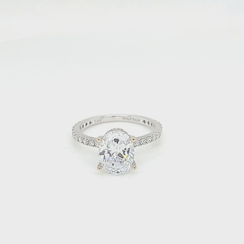 Diamond & Oval CZ Center Stone Engagement Ring with Hidden Halo