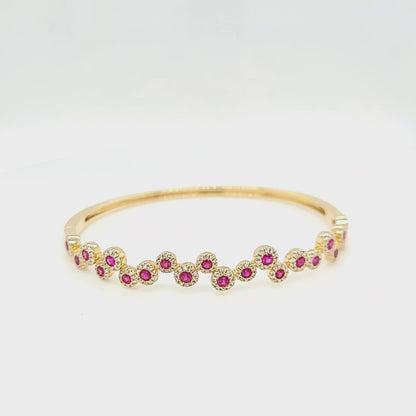Round Rubies with Diamond Halos Bangle Bracelet