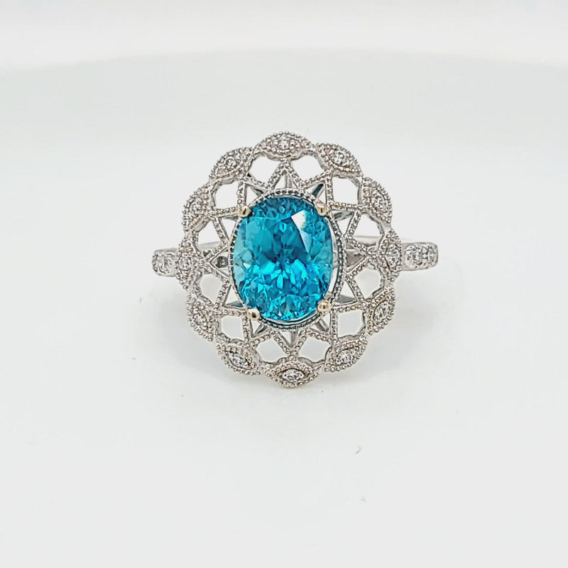 Oval Intricate Blue Zircon & Diamond Ring