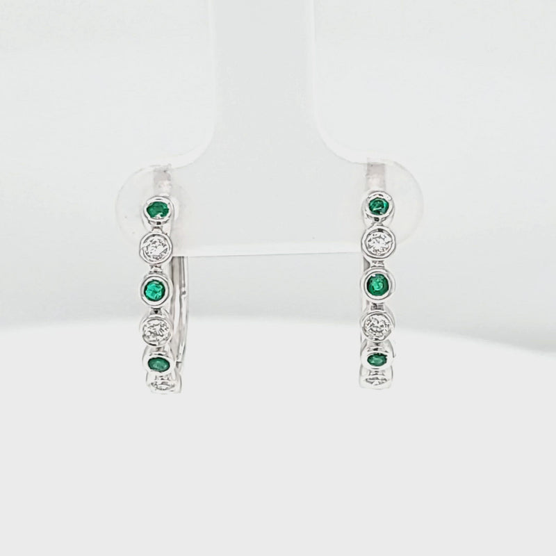 Round Bezel Set Emerald & Diamond Hoop Earrings