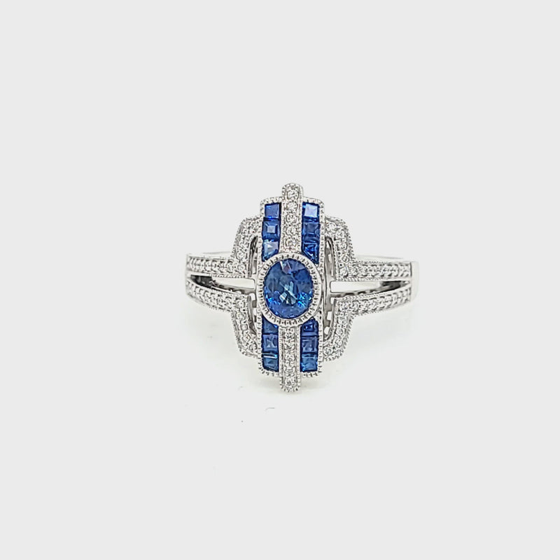 Oval Sapphire and Diamond Art Deco Ring Video