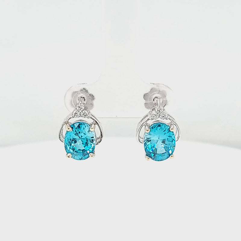 Oval Blue Zircon & Diamond Stud Post Earrings