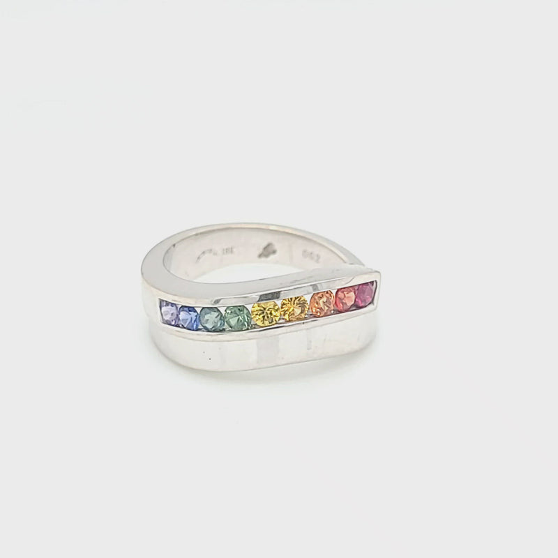 White Gold Wide Rainbow Sapphire Ring
