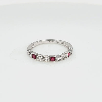 Princess Cut Ruby & Round Diamond Milgrain Style Stackable Band