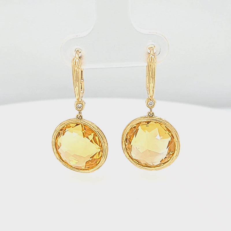 Round Citrine Dangle Earrings in Yellow Gold
