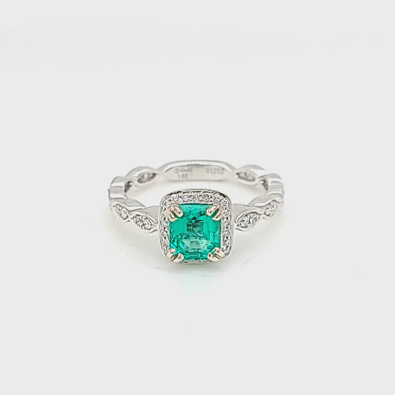 Diamond Halo and Emerald Vintage Style Ring