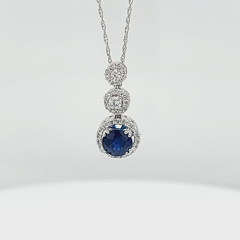 Blue Sapphire Round with Diamond Halo Pendant