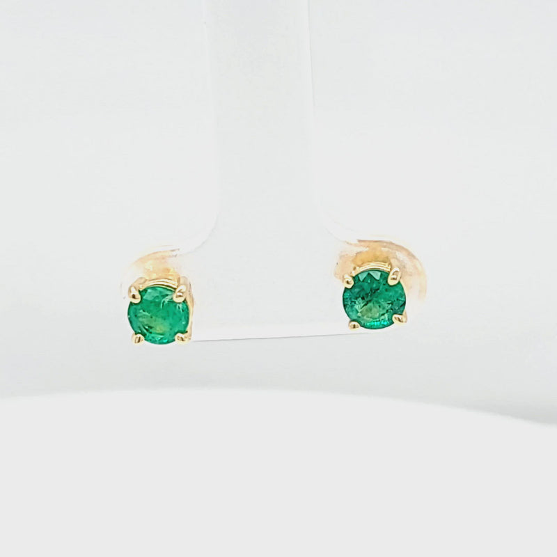 Round Emerald Yellow Gold Stud Earrings