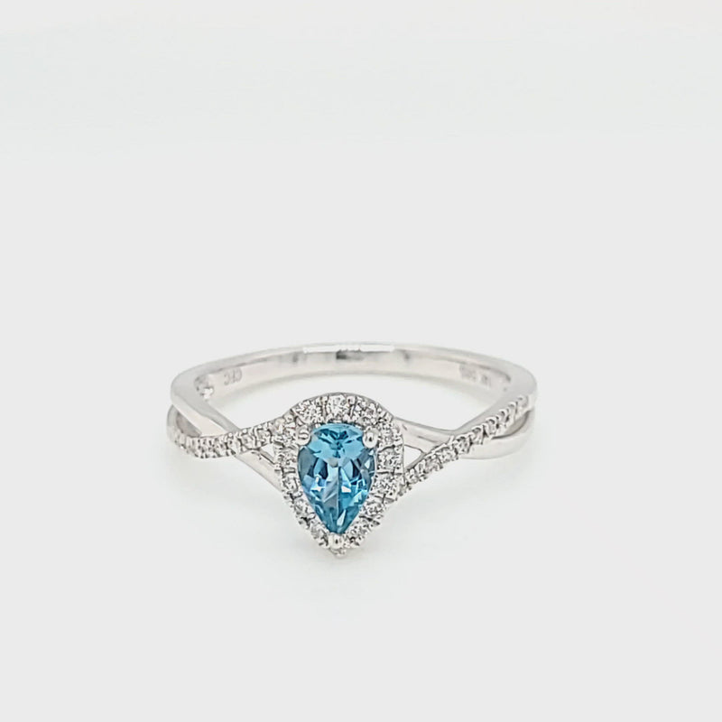 Pear Aquamarine and Diamond Halo Ring