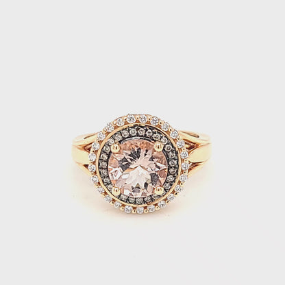 Morganite with Diamond and Brown Diamond Double Halo Ring